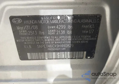 2009 Hyundai Sonata Gls z USA, uszkodzony, nr VIN 5NPET46CX9H440829